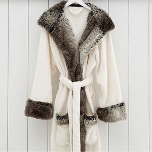 Pottery Barn Cream Robe with Faux Fur Trim